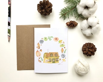 Homemade autumn greeting card | Pumpkin wool greeting card | Halloween | Leaves | Watercolor drawing | Katrinn pelletier