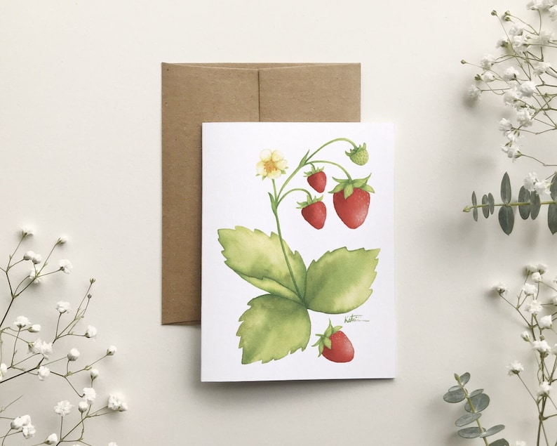 Carte de souhait fraises sauvages , carte de voeux fraises rouge , illustration petits fruits baies, dessin art botanique, Katrinn Pelletier afbeelding 1