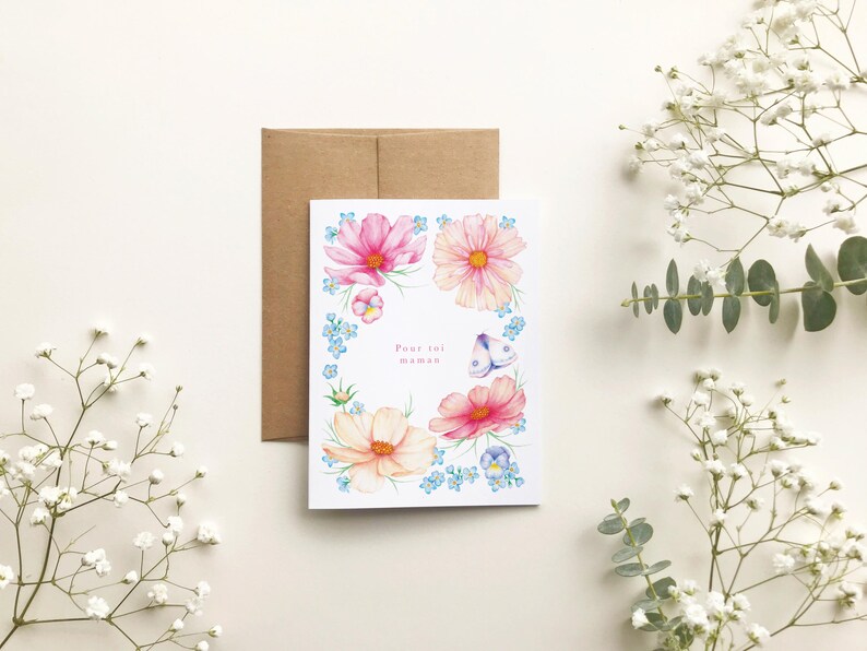 Mother's Day greeting card, "For you mom" greeting card, watercolor illustration of cosmos flowers and butterfly, Katrinn Pelletier image 2
