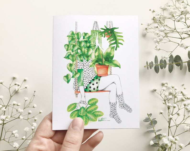 Carte de souhait femme passionnée de plantes d'intérieur, carte de voeux botanique, illustration aquarelle, anniversaire, Katrinn Pelletier Bild 2