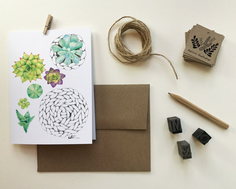Carte de voeux minis plantes succulentes / Carte de souhait dessin plante / Illustration plante et macramé / Aquarelle / Katrinn Pelletier zdjęcie 5