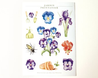 Sheet of illustrated spring garden stickers, illustrated flower stickers, pansy flower, Iris, geranium, gardening, Katrinn Pelletier