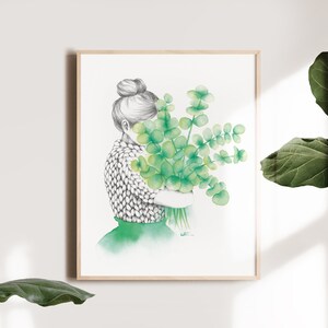 Affiche fille bouquet d'eucalyptus, illustration aquarelle tricot laine , art dessin , cadeau , décoration murale, Katrinn Pelletier image 7