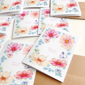 Mother's Day greeting card, "For you mom" greeting card, watercolor illustration of cosmos flowers and butterfly, Katrinn Pelletier image 3