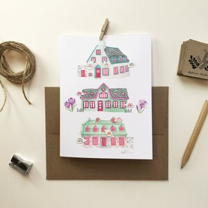 Carte de souhait 3 maisons fleurs arc-en-ciel, illustration aquarelle crayon, carte de voeux, carte sans texte, Canada, Katrinn Pelletier afbeelding 4