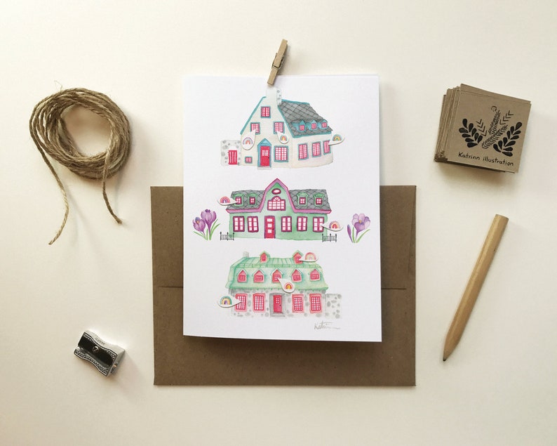 Carte de souhait 3 maisons fleurs arc-en-ciel, illustration aquarelle crayon, carte de voeux, carte sans texte, Canada, Katrinn Pelletier afbeelding 4
