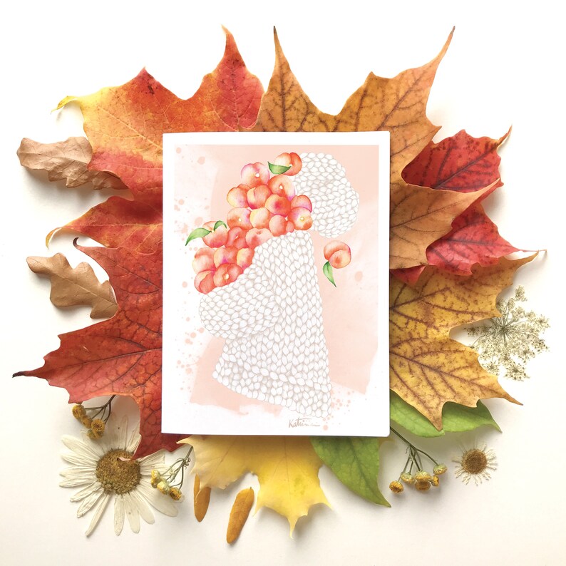 Carte de voeux chandail laine pêches | carte de souhait tricot automne fruit | fêtes anniversaire | Dessin aquarelle | Katrinn pelletier image 2
