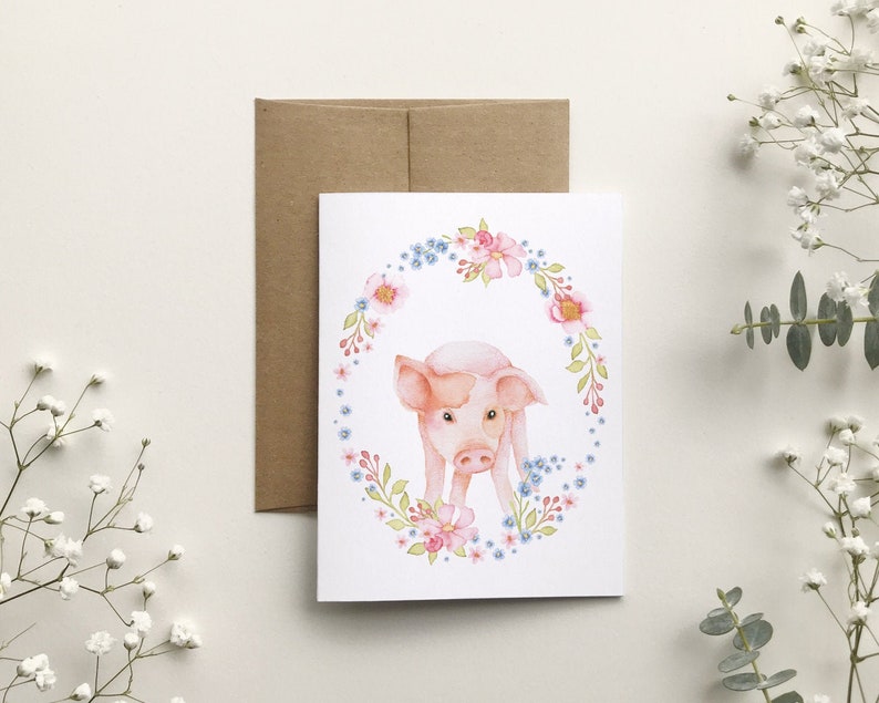 Carte de souhait petit cochon, carte de voeux ferme, sans texte, portrait animaux art aquarelle, anniversaire enfant, Katrinn Pelletier image 1