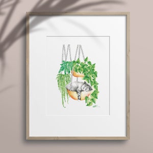 Sleeping cat poster, indoor plants, animal portrait illustration, kitten watercolor art, drawing, wall decoration, Katrinn Pelletier image 2