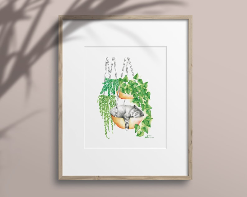 Sleeping cat poster, indoor plants, animal portrait illustration, kitten watercolor art, drawing, wall decoration, Katrinn Pelletier image 2