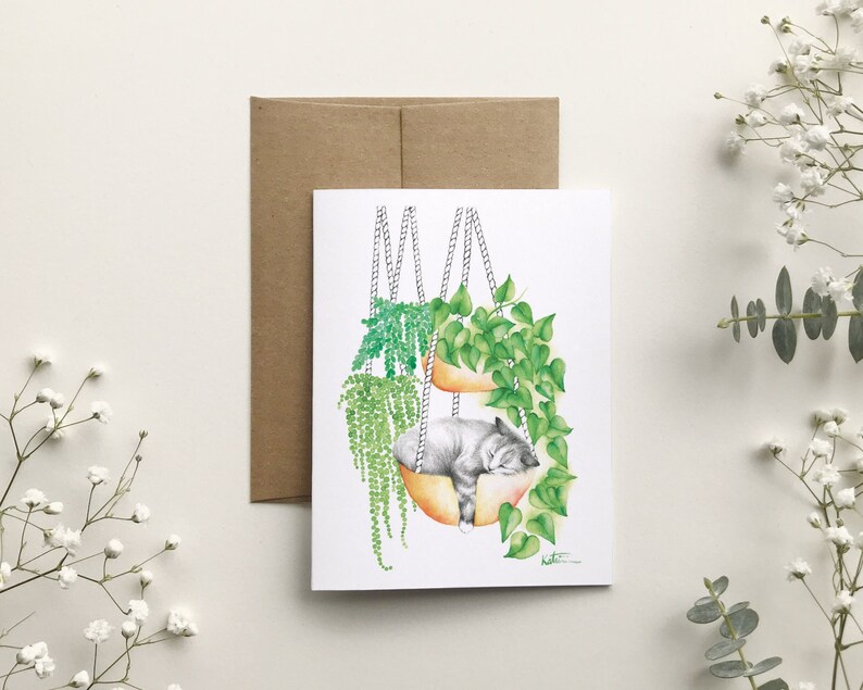 Carte de souhait chat qui dort, carte de voeux chaton plantes d'intérieur , illustration animal, botanique, anniversaire, Katrinn Pelletier imagem 1
