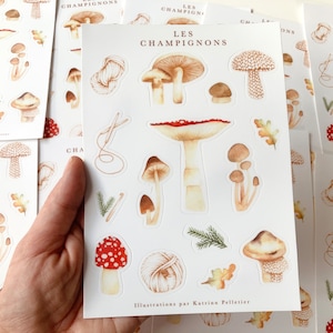 Feuille autocollants vinyle champignons tricotés, stickers art illustrés, amoureux laine, cadeaux mycologue, papeterie, Katrinn Pelletier