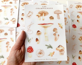 Feuille autocollants vinyle champignons tricotés, stickers art illustrés, amoureux laine, cadeaux mycologue, papeterie, Katrinn Pelletier