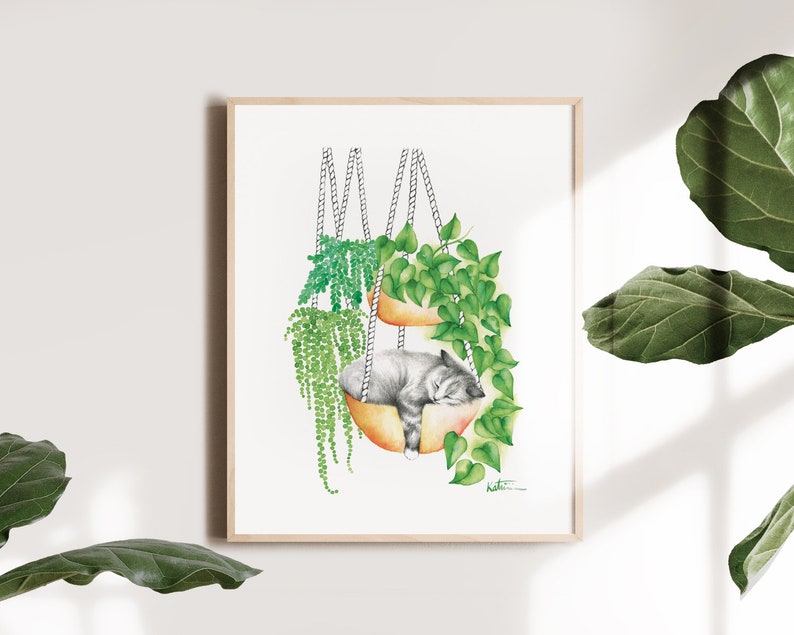 Sleeping cat poster, indoor plants, animal portrait illustration, kitten watercolor art, drawing, wall decoration, Katrinn Pelletier image 5