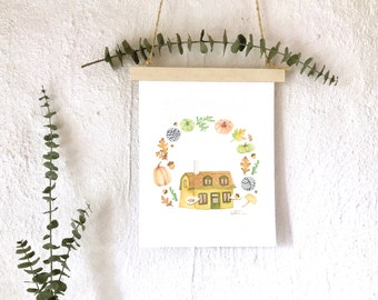 Autumn home poster / Halloween pumpkin leaves illustration / watercolor drawing / Wall decoration / art / Katrinn Pelletier
