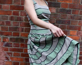 Early-1950s pale green and grey party dress || Late-1940s taffeta stripe drop-waist circle cupcake dress