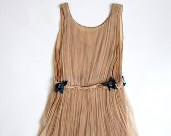 1920s pale pink beige sheer silk chiffon flapper dress with blue silk flower detailing || Beaded flowy 20s romantic garden party dress