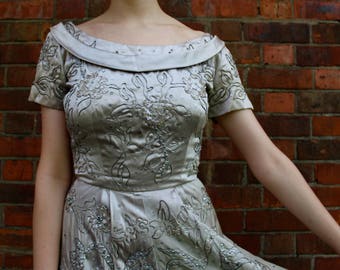 1950s Herbert Sondheim silver satin party dress