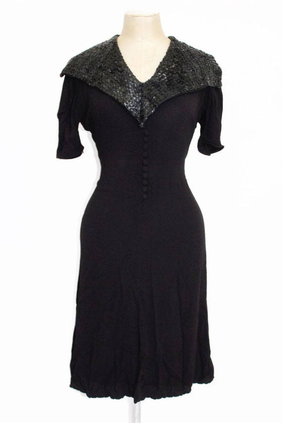 Late 1930s sequin collar crepe dress || Early 1940