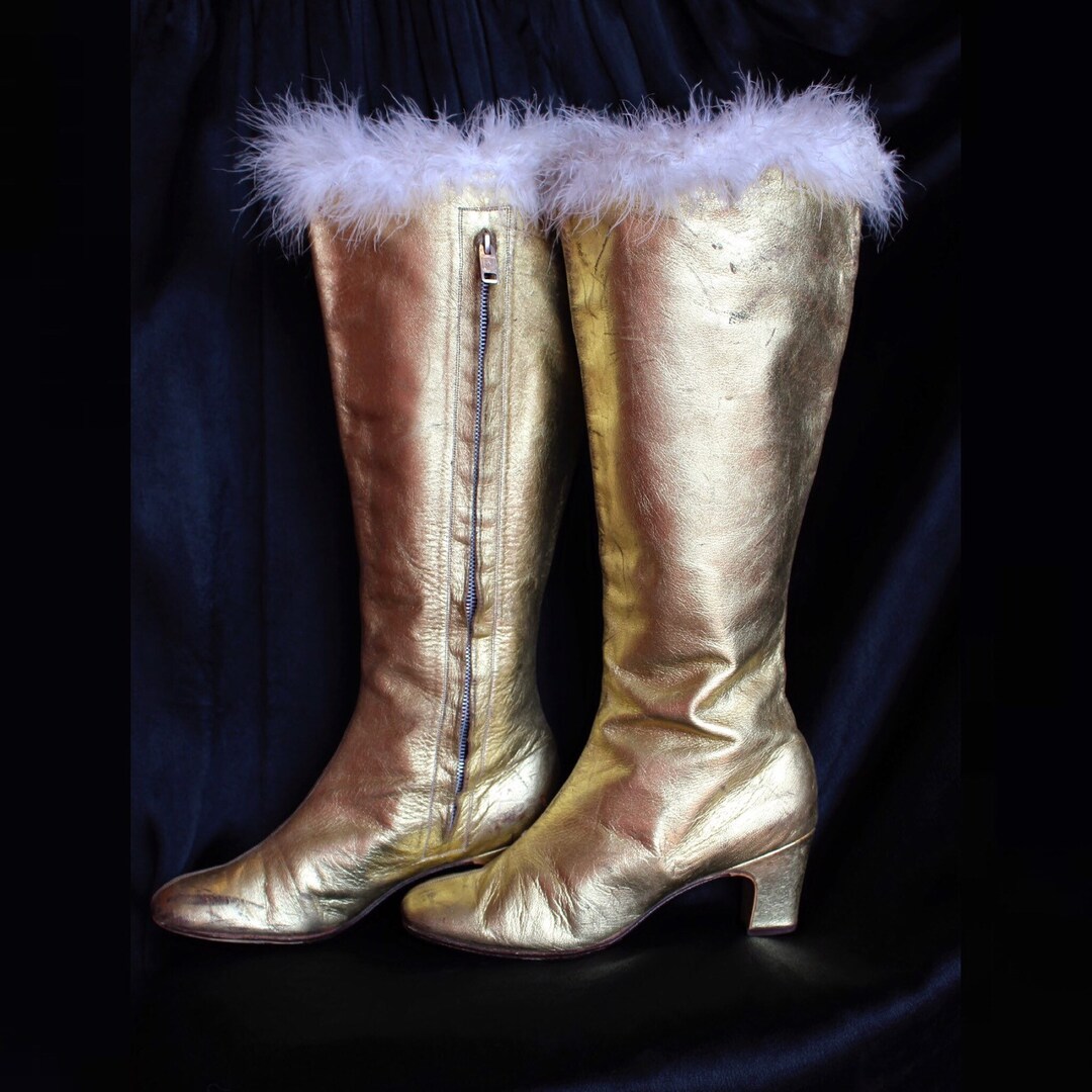 1960s Gold Boots With Marabou Trim 60s Dancer Gogo Boots With Metal