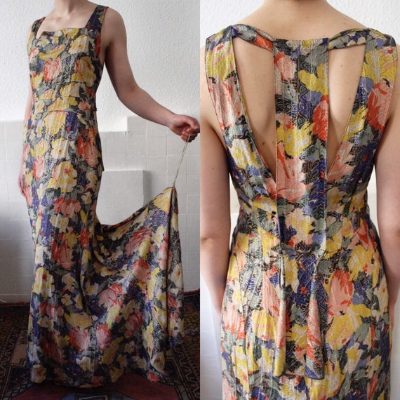 RARE 1930s lamé rose print floor-length gown || 30