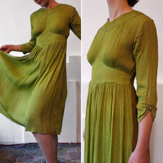 1930s lamé acid green and silver dress || 30s str… - image 1