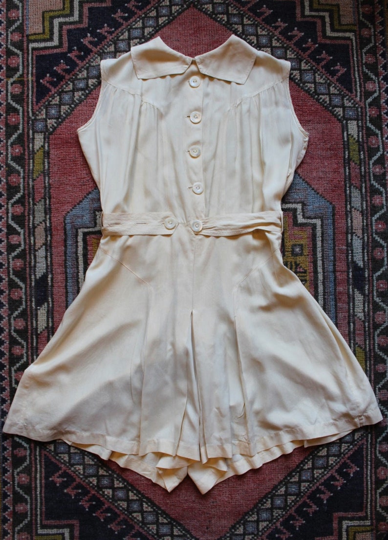 1940s white playsuit Late-30s/early 40s cream silk cotton faille romper Pearly buttons, adjustable attached belt, structural collar image 6