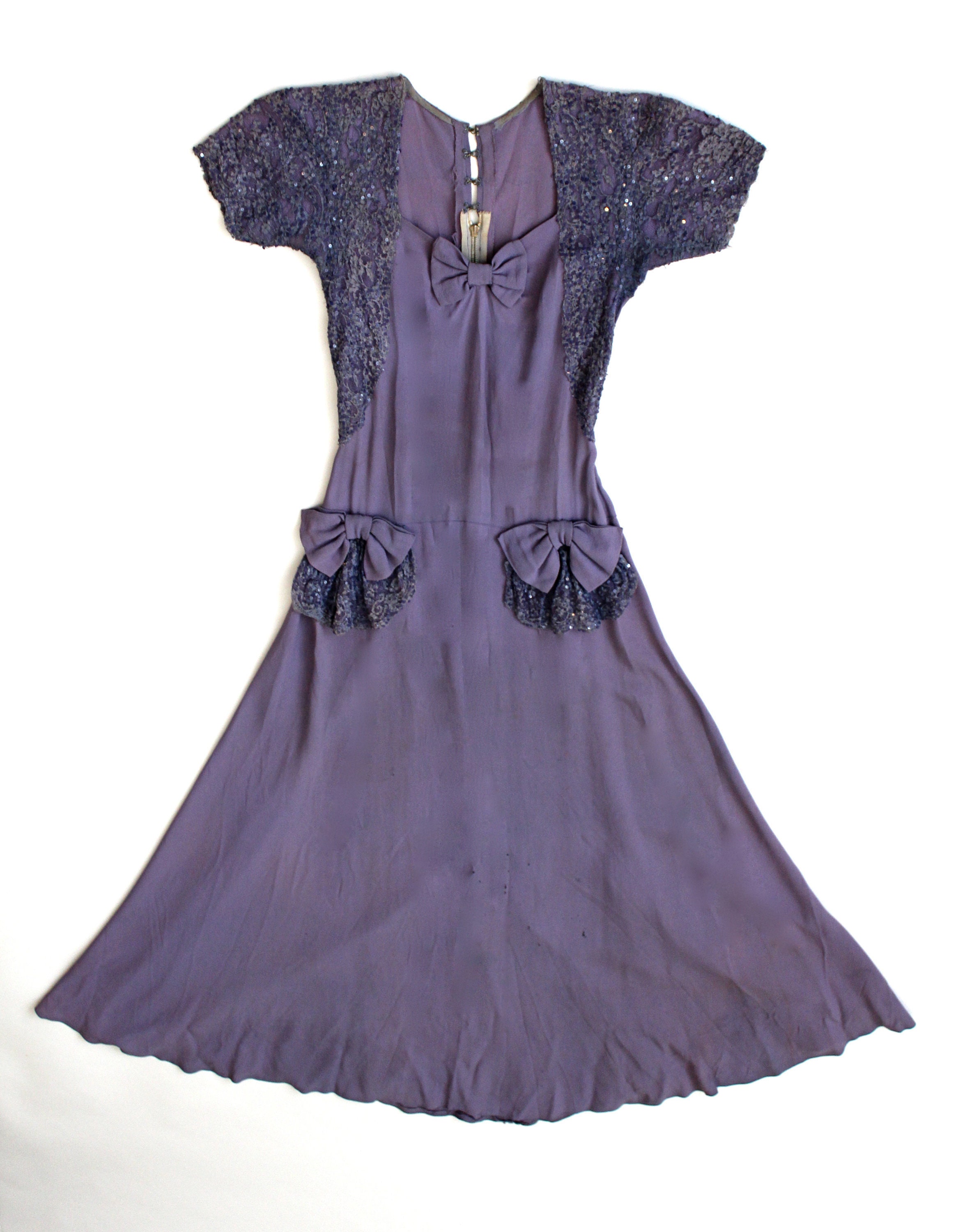 Image of Early S Lavender Sequin & Bow Evening Dress || S Floor-Length Lilac Purple Cinematic Cocktail