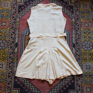 1940s white playsuit Late-30s/early 40s cream silk cotton faille romper Pearly buttons, adjustable attached belt, structural collar image 7