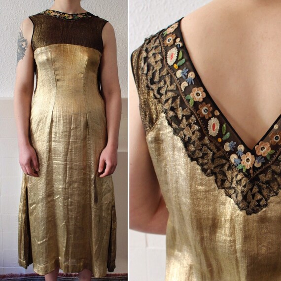 1920s gold lamé and embroidered chiffon evening d… - image 1