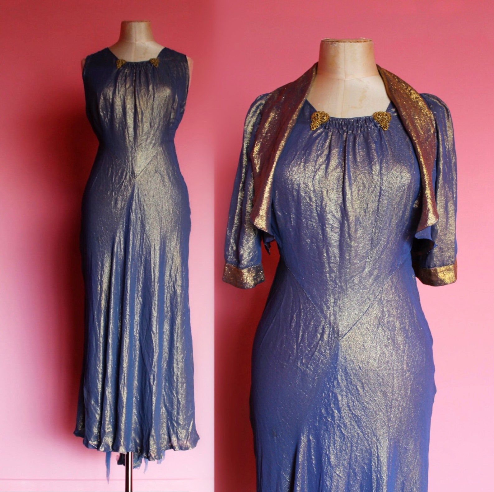 RARE 1930s Blue Gold Lamé Evening Gown With Matching Bolero Clips ...