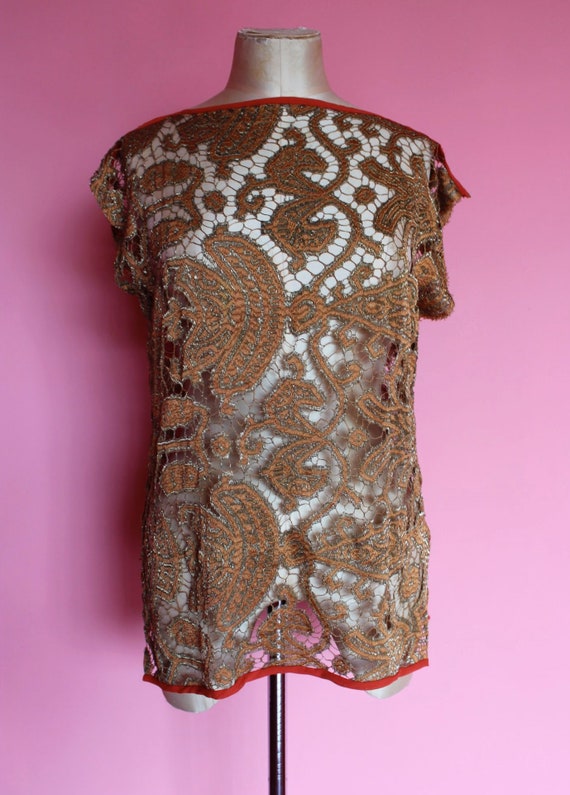 1920s orange and gold lamé guipure lace tunic || … - image 2