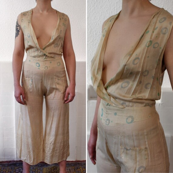 RARE 1930s silk beach pajamas || 30s cream pongee