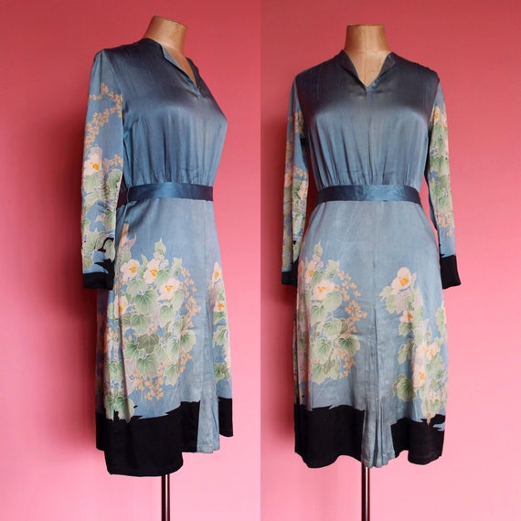1920s blue silk floral long sleeve dress 20s flowers dress | Etsy