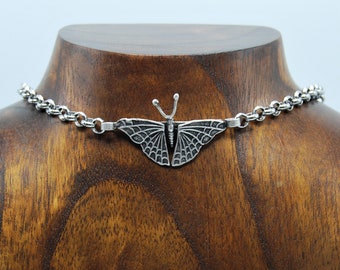 Antique Silver Large Butterfly Pendant Choker, Silver Rolo Chain Necklace, Gift For Her, Unique Gift Idea, Boho Statement Silver Necklace