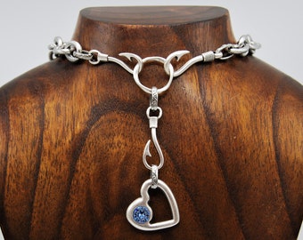 Ciondolo a cuore Swarovski in argento, ciondolo con pietra Swarovski blu, catena portacavi in acciaio inossidabile, collana in argento di tendenza, girocollo a cuore in argento