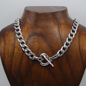 Stainless Steel Curb Chain Necklace, Heart Toggle Clasp Statement Necklace, Chunky Curb Chain Necklace, Industrial Necklace