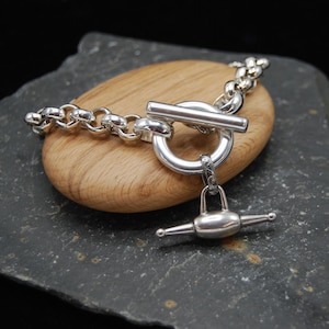 Chunky Silver Rolo Chain Bracelet: Toggle Bar Charm, 925 Sterling Silver Plated