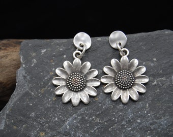 Antique Silver Flower Earrings, Silver Sunflower Earrings, Dangling Earrings, Silver Earrings, Drop Earrings, Gift For Her
