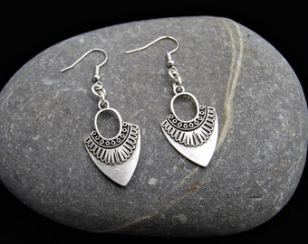 Antique Silver Shield Patterned Dangling Drop Earrings Statement Silver Earrings Unique Gift Idea Gift For Mum Statement Silver Earrings