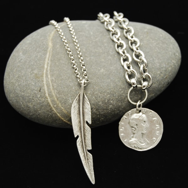 2 Stainless Steel Double Layering Necklaces,Coin Pendant Chunky , Statement Duo Necklaces, Feather Necklace, Stacking Necklace
