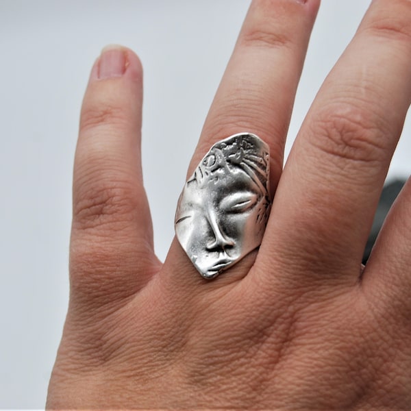 Antique Silver Face Ring, Silver Abstract Face Ring, Adjustable Ring, Ancient Greek Ring, Stackable Ring, Gift For Her, Statement Ring