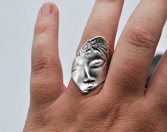 Antique Silver Face Ring, Silver Abstract Face Ring, Adjustable Ring, Ancient Greek Ring, Stackable Ring, Gift For Her, Statement Ring