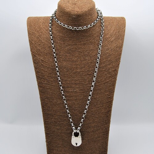 Long Silver Chain Necklace Padlock 