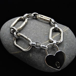 Silver Bracelet Heart Padlock, Statement Bracelet, Chunky Bracelet, Link Chain Bracelet, Gift For Her, Large Link Bracelet