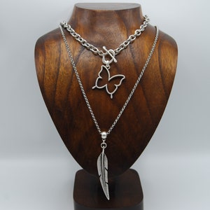 Silver Butterfly Pendant Necklace, Silver Feather Necklace, Silver Toggle Clasp Necklace, Stainless Steel Chain, Layering Necklace