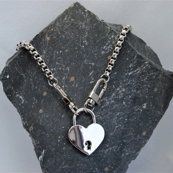 Chunky chaîne en acier inoxydable cadenas coeur grosse chaîne cadenas coeur en argent épais avec collier clé vendeur britannique