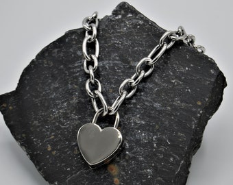 Stainless Steel Chunky Chain Heart Padlock Necklace, Statement Heart Padlock Pendant, Silver Padlock Pendant, Padlock and Key Necklace