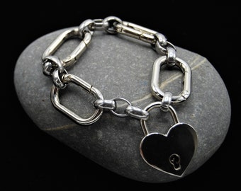 Silver Bracelet Heart Padlock, Statement Bracelet, Chunky Bracelet, Link Chain Bracelet, Gift For Her, Large Link Bracelet