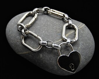 Bracciale in argento con lucchetto a cuore, braccialetto di dichiarazione, braccialetto grosso, braccialetto a catena a maglie, regalo per lei, braccialetto a maglie grandi